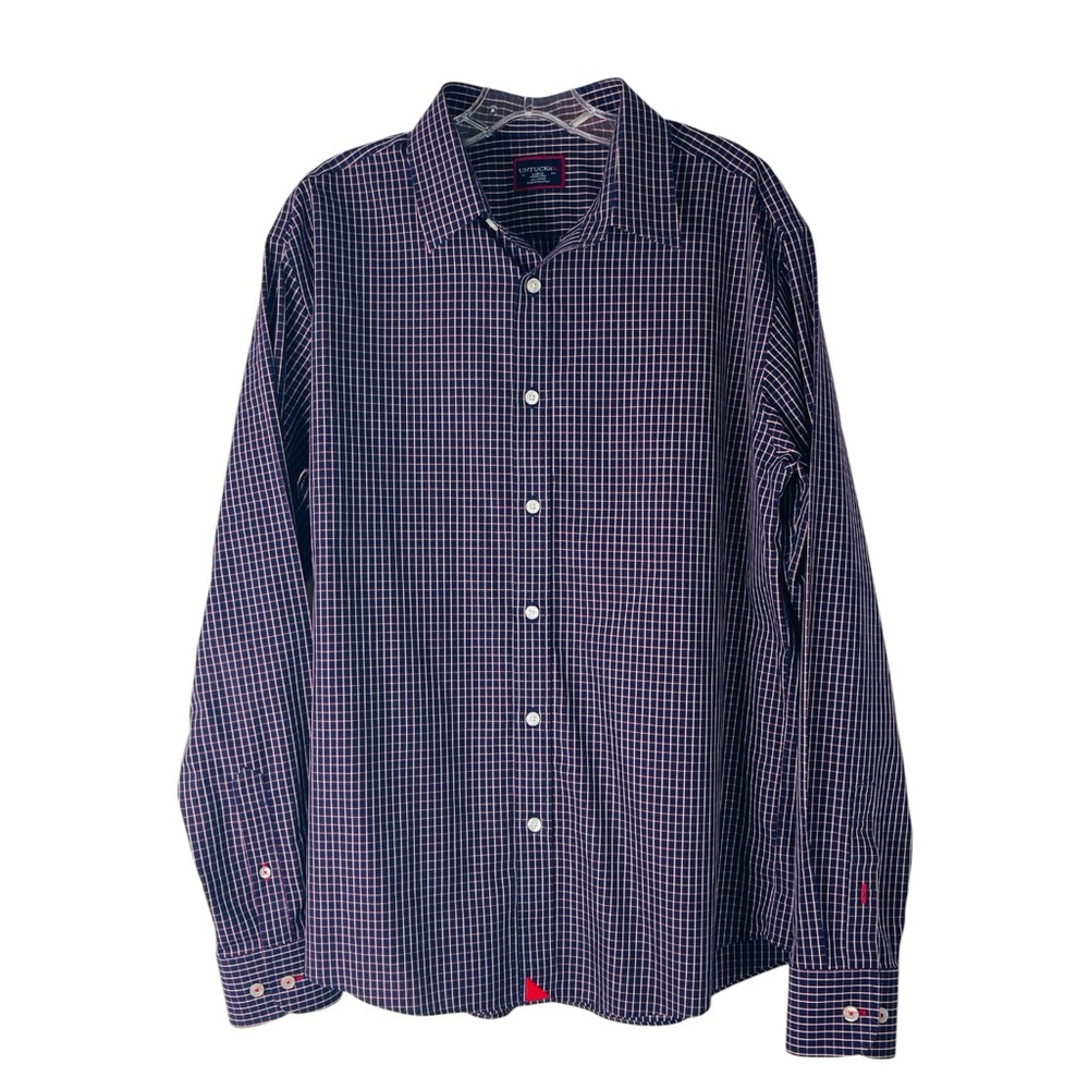 Untuckit blue red white plaid check button front shirt large